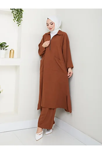 EFSUN MODA Long Length Pocket Half Zippered Ayrobin Tesotur Suit Large Size Brown 846