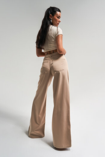 its basic Γυναικείο μπεζ χρώμα S5-29 Lace Up Palazzo Fit Loose Cut Καλοκαιρινό ύφασμα τζιν τζιν