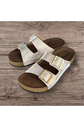 ŞAHGÜL Elegance Women's Silver-Gold Double Buckle Soft Soft Orthopedic Sole Slippers