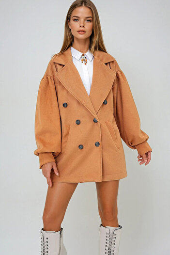 VAGGON Women's Tan Double Breasted Collar Balloon Sleeve Stamp Coat Prmx10913