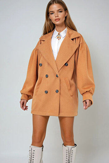 VAGGON Women's Tan Double Breasted Collar Balloon Sleeve Stamp Coat Prmx10913