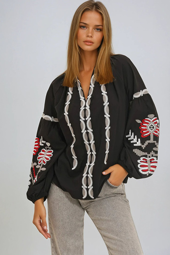 VAGGON Women's Black Judge Collar Embroidered Woven Blouse Vgn-X11295