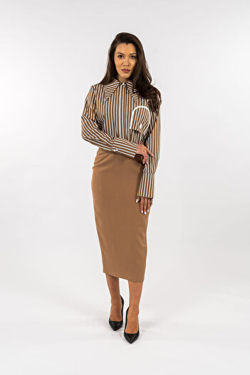 Gorgeaux Brown Striped Shirt And Pencil Skirt Set - M(38)