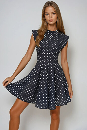 VAGGON Women Black Stand Collar Polka Dot Pattern Sleeveless Woven Flared Dress Prmx13589