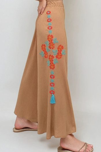 VAGGON Ethnic Pattern Embroidery Embroidered Women's Biscuit Side Crinkle Palazzo Trousers