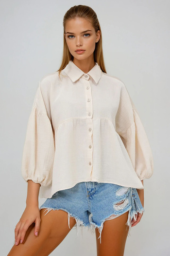 VAGGON Women's Cream Balloon Sleeve Elastic Skirt Flounced Linen Shirt Prmx13507
