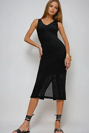 VAGGON Women's Black V-Neck Lined Openwork Knitwear Dress Prmx11949