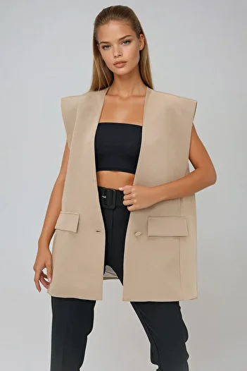 VAGGON Women's Beige Double Slit Single Button Oversize Woven Shepherd Vest Prmx13506