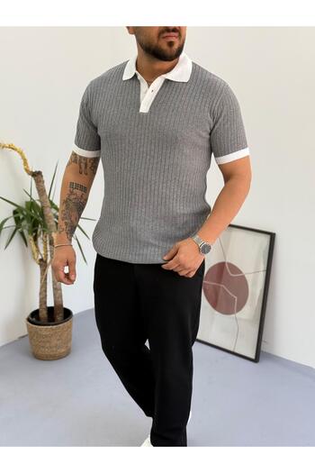 Combineman35 Men's 100% Cotton Collar and Sleeve Detailed Knitwear Polo Neck Short Sleeve Tshirt