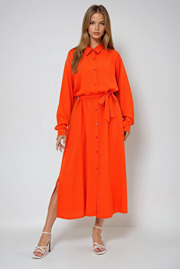 VAGGON Women's Orange Woven Viscose Shirt Dress Prmx13519