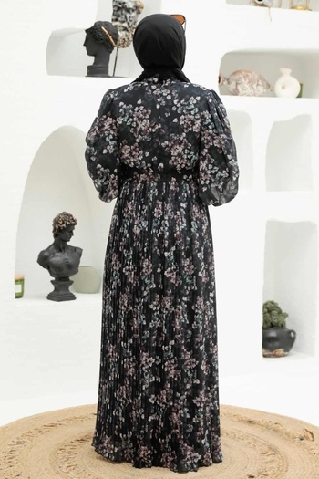 Neva Style Floral Patterned Black Hijab Dress 3357S