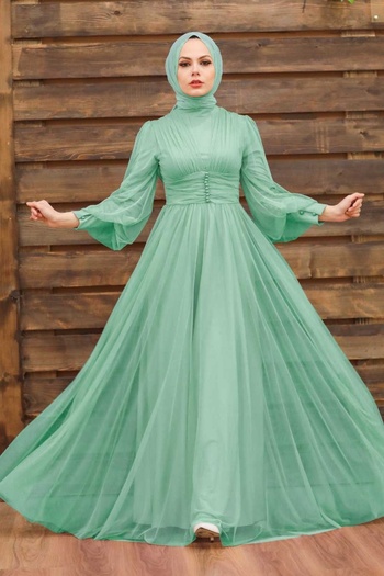 Neva Style Button Detailed Mint Hijab Evening Dress 5478Mint