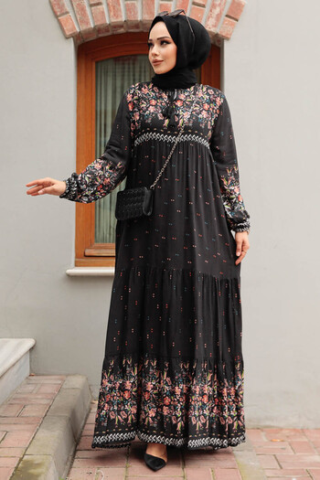Neva Style Patterned Anthracite Hijab Dress 50095ANT