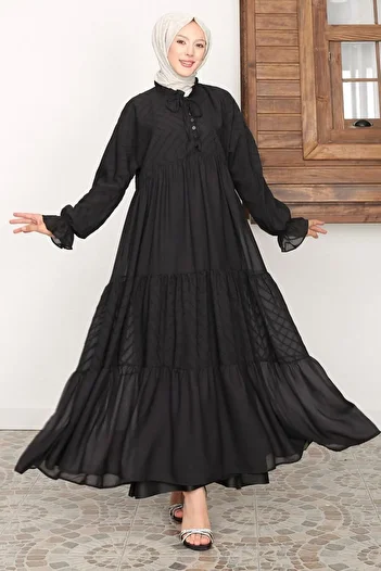 Neva Style Μαύρο Πλισέ Φόρεμα Hijab - 14232S