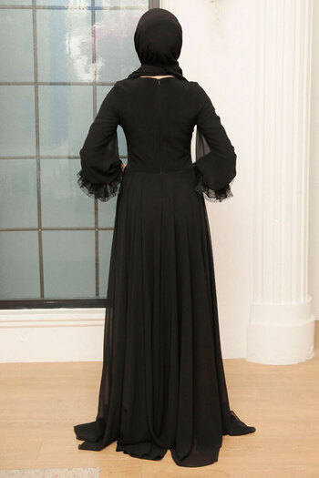 Neva Style Flower Detailed Black Hijab Evening Dress 765S