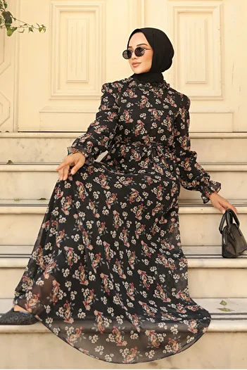 Neva Style Floral Patterned Black Hijab Dress 29713S