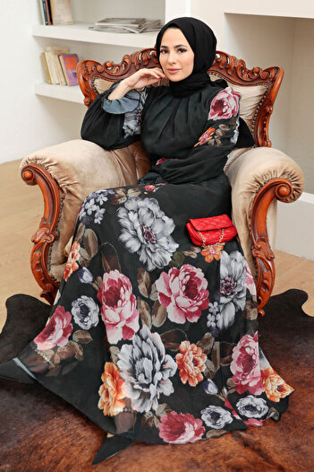 Neva Style Çiçek Desenli Siyah Tesettür Elbise 35461s