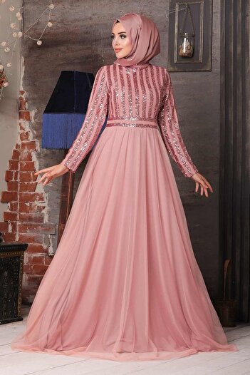 Neva Style Sequin Sequined Salmon Hijab Evening Dress 5338Smn