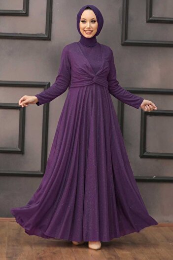 Neva Style Silvery Purple Hijab Evening Dress 5397Purple
