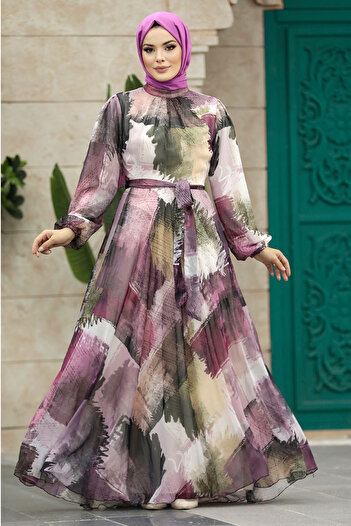 Neva Style Patterned Plum Hijab Dress 33092Mu
