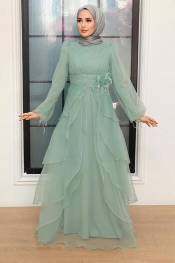Neva Style Layered Mint Hijab Evening Dress 22480Mint