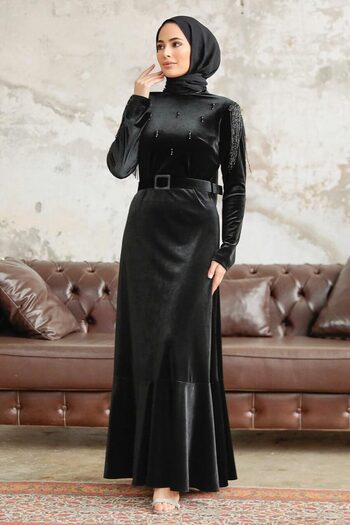Neva Style Μαύρο Βελούδινο Φόρεμα Hijab με Ζώνη Πόρπης 3748s