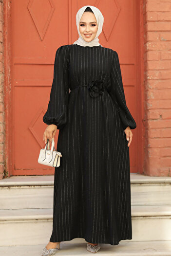Neva Style Μαύρο ριγέ Φόρεμα Hijab - 12541S