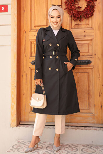 Neva Style Kemerli Siyah Tesettür Trençkot 60500S