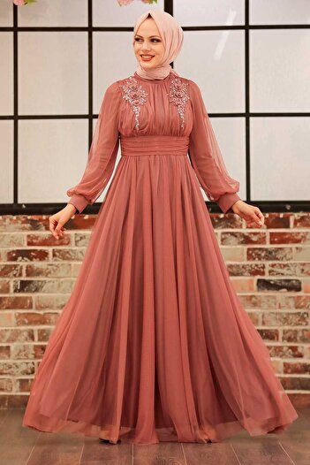 Neva Style Flower Detailed Dark Salmon Hijab Evening Dress 22070Ksmn