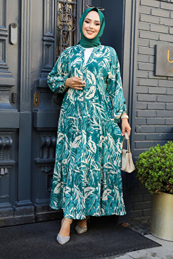 Neva Style Emerald Green Patterned Hijab Dress - 23581zy