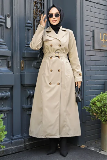 Neva Style Beige Hijab Trench Coat - Belted, Model 61500beige