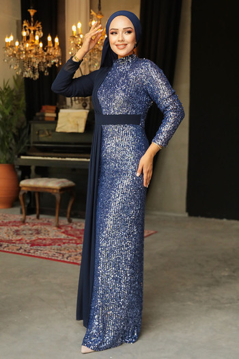 Neva Style Βραδινό φόρεμα με παγιέτες Navy Blue Hijab 25851l