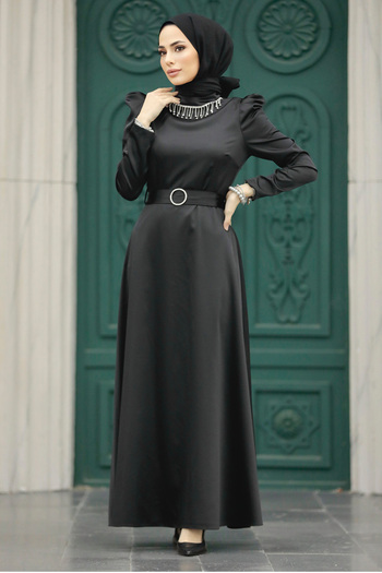 Neva Style Ζαρτιέρες Σατέν Μαύρο Φόρεμα Hijab 7725s