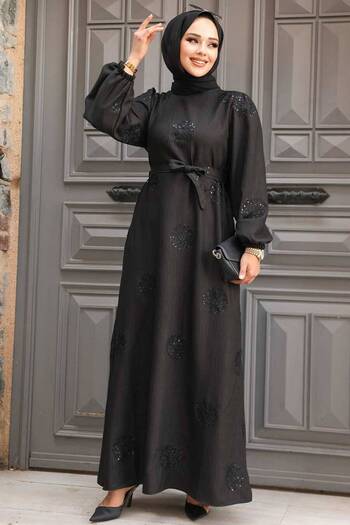 Neva Style Black Hijab Dress - Floral Pattern, Model 30442S
