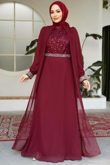 Neva Style Burgundy Hijab Evening Dress with Cloak 25876BR