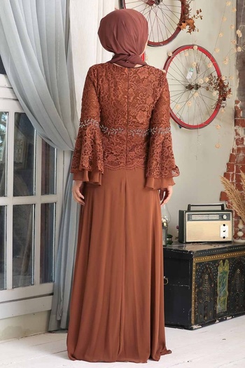 Neva Style Lacy Tan Hijab Evening Dress 20671Tb