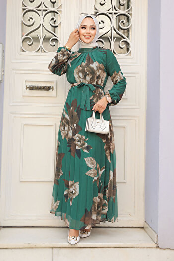 Neva Style Emerald Green Patterned Hijab Dress - 34466ZY