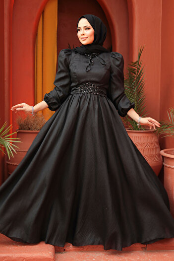 Neva Style Balloon Sleeve Black Hijab Evening Dress 45581S