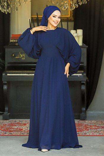 Neva Style Βραδινό φόρεμα με μπαλόνι μανίκι Navy Blue Hijab 60681l