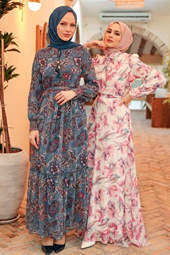 Neva Style Desenli Indigo Mavisi Tesettür Elbise 3356ım