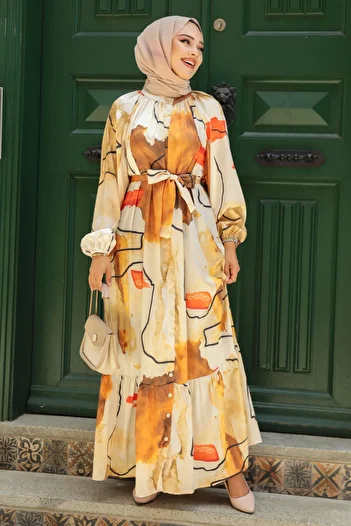 Neva Style Mustard Patterned Hijab Dress - 23156HR