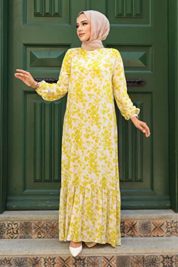 Neva Style Oil Green Patterned Hijab Dress - 15728YY