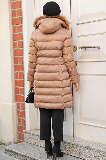 Neva Style Kapşonlu Camel Tesettür Şişme Mont 9781C