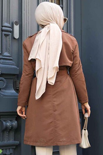 Neva Style Kemerli Kahverengi Tesettür Trençkot 61171KH