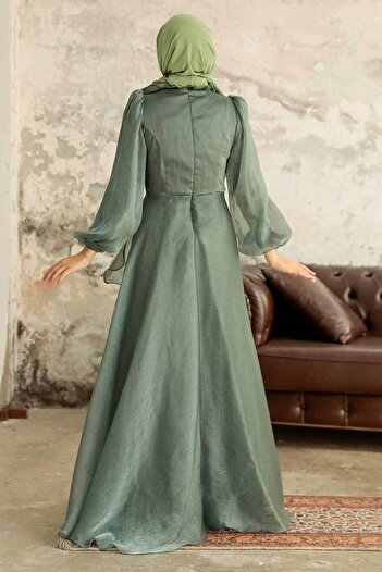 Neva Style Çiçek Detaylı Çağla Yeşili Tesettür Abiye Elbise 22321cy