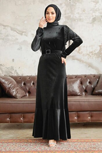 Neva Style Μαύρο Βελούδινο Φόρεμα Hijab με Ζώνη Πόρπης 3748s