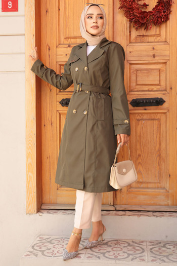 Neva Style Khaki Hijab Trench Coat - Belted, Model 60500hk
