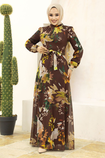 Neva Style Φόρεμα Hijab Καφέ με Floral σχέδιο 27942kh