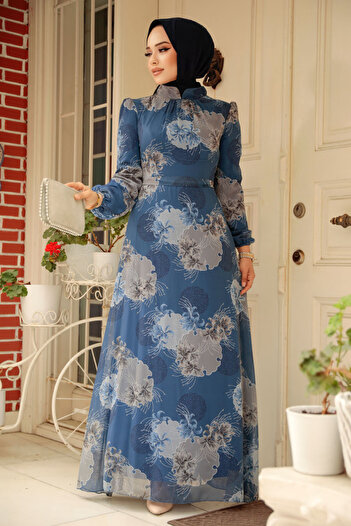 Neva Style Floral Patterned Indigo Blue Hijab Dress 279323 I'M