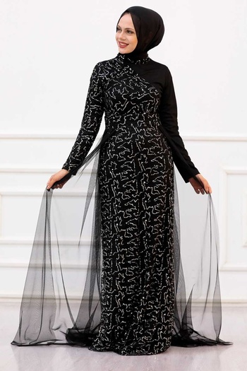 Neva Style Sequin Sequined Silver Hijab Evening Dress 5345Gms